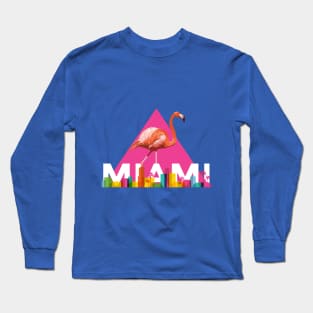 Miami City Skyline Flamingo Design Long Sleeve T-Shirt